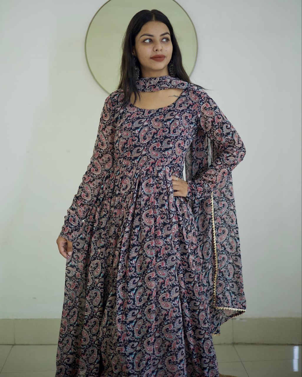 Blue Printed Paisley Georgette Stitched Anarkali Gown