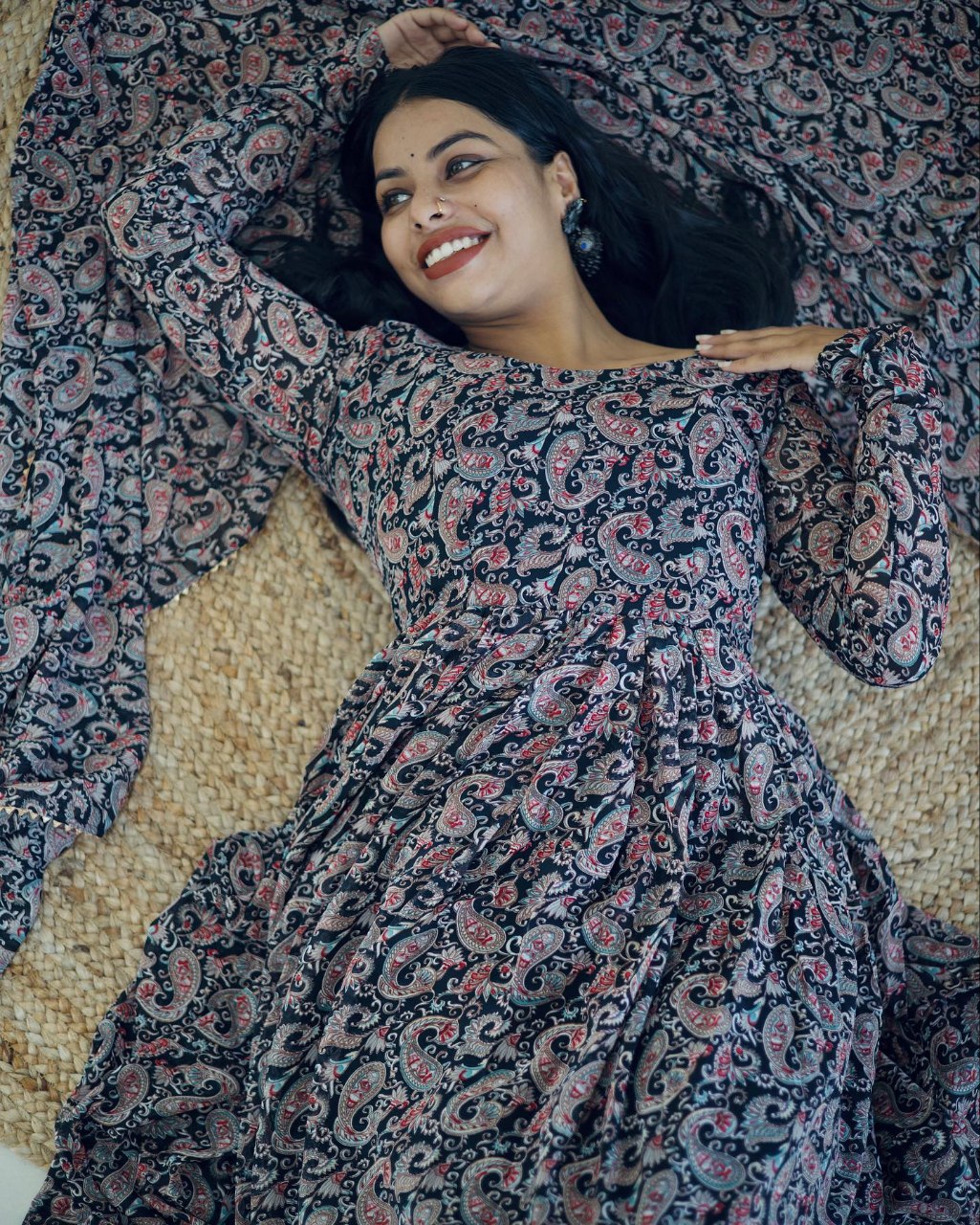 Blue Printed Paisley Georgette Stitched Anarkali Gown