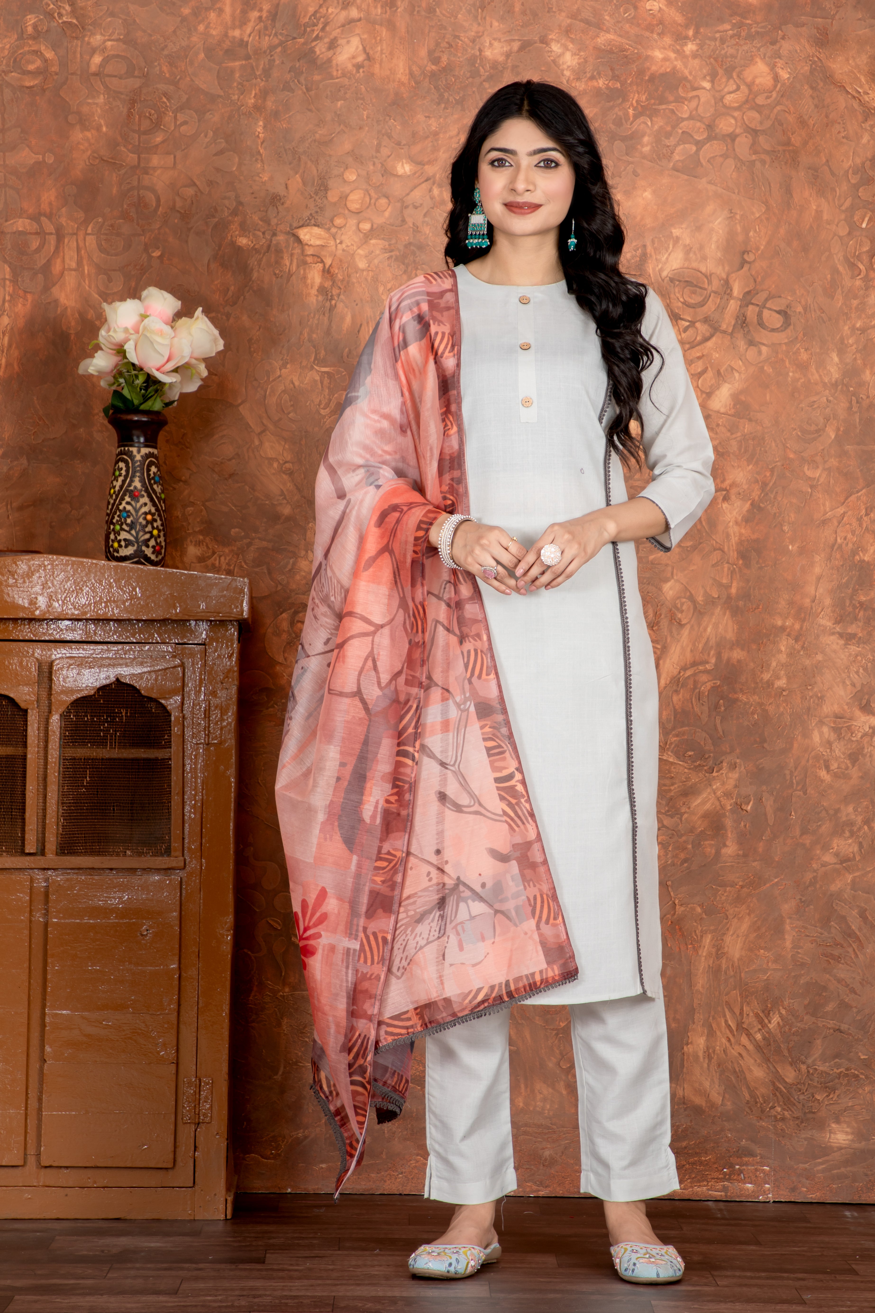 Kavya Cotton Slub Printed Kurti Set with Chanderi Cotton Dupatta