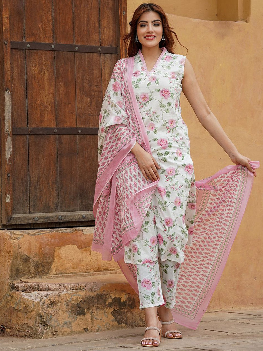 Floral Cotton Slub Kurti Set with Chanderi Cotton Dupatta