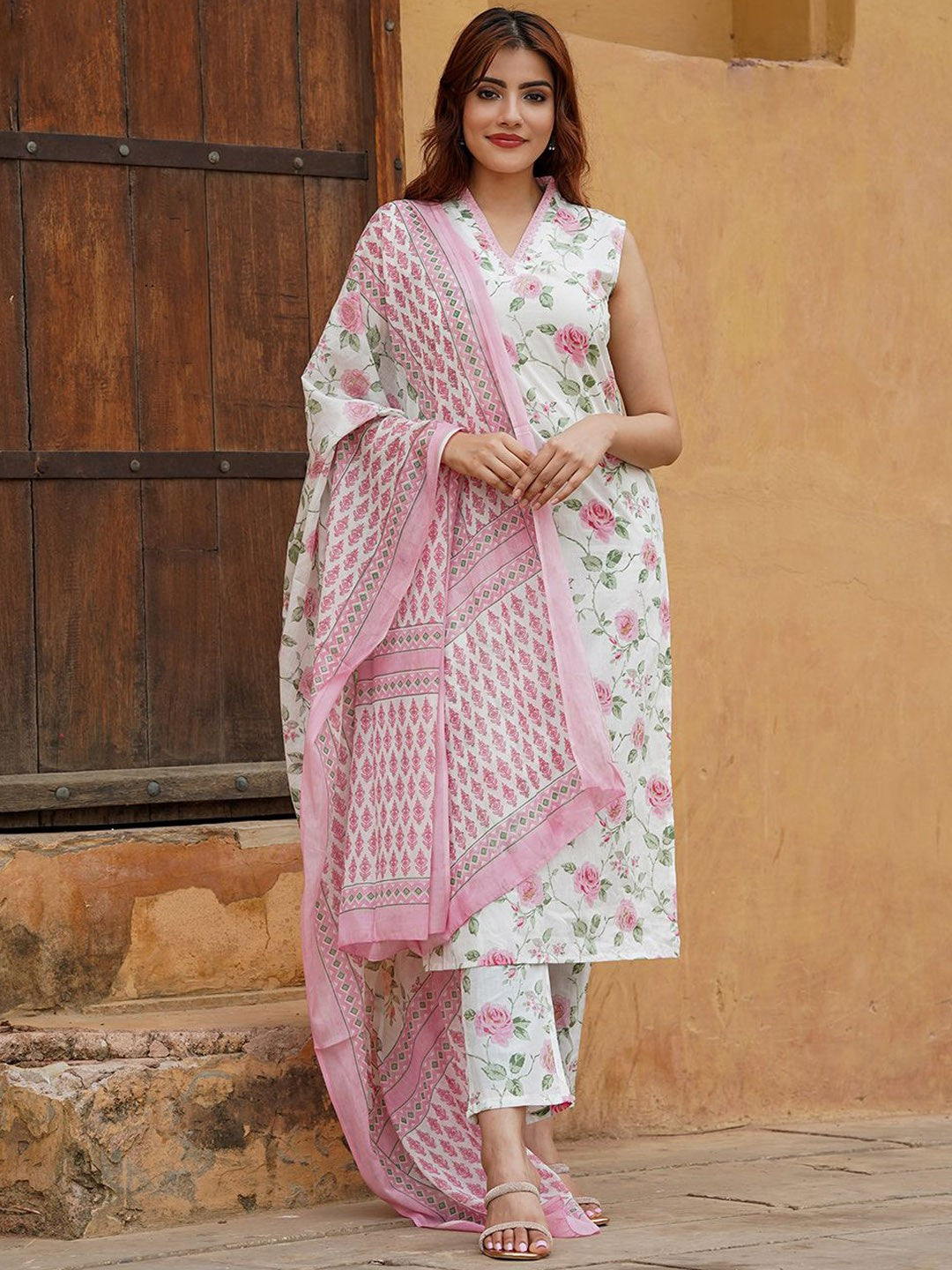 Floral Cotton Slub Kurti Set with Chanderi Cotton Dupatta
