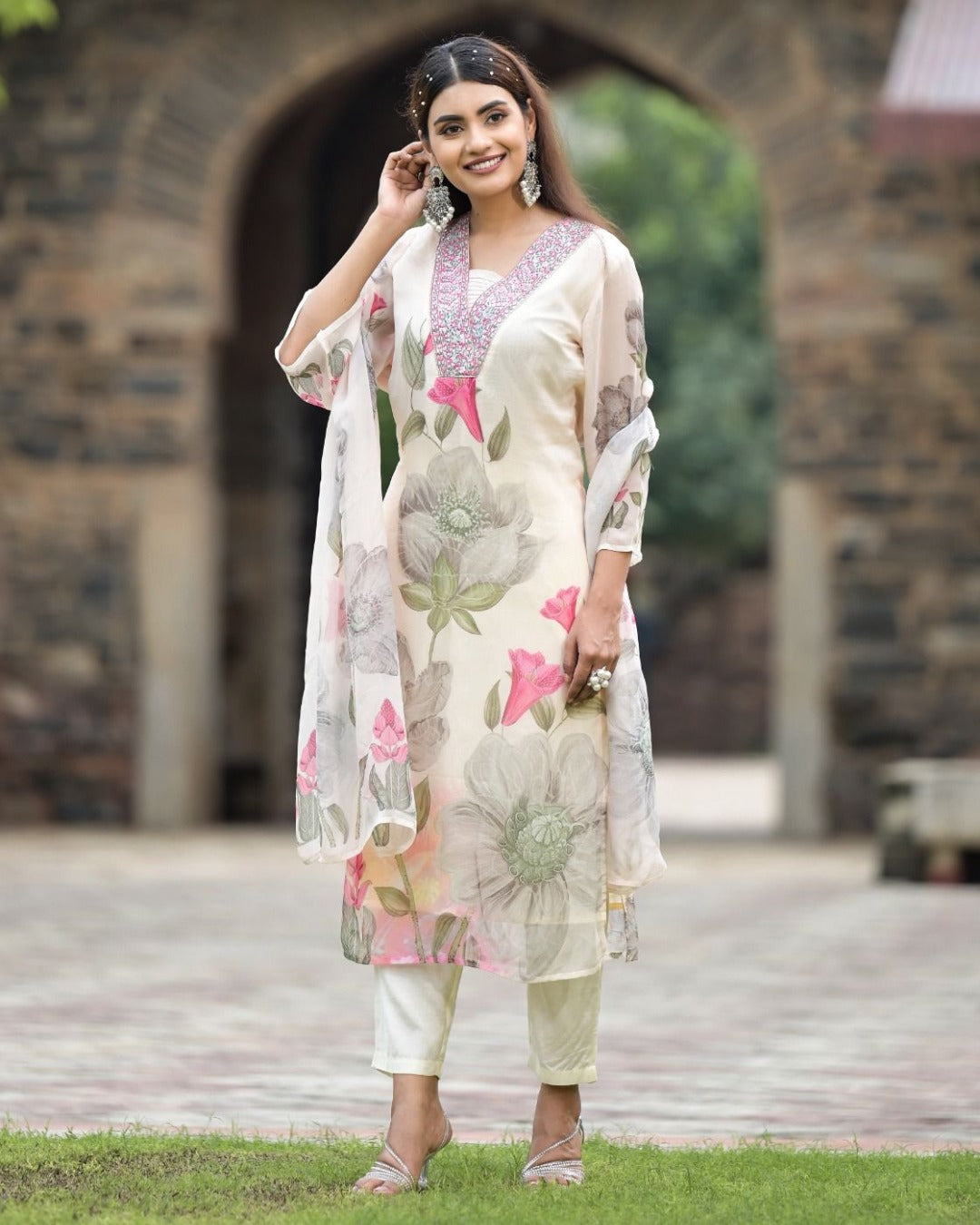 Graceful Georgette & Roman Silk Kurti Set with Printed Dupatta
