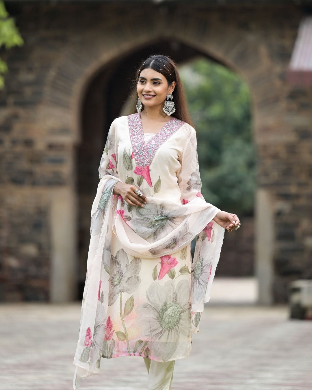 Graceful Georgette & Roman Silk Kurti Set with Printed Dupatta