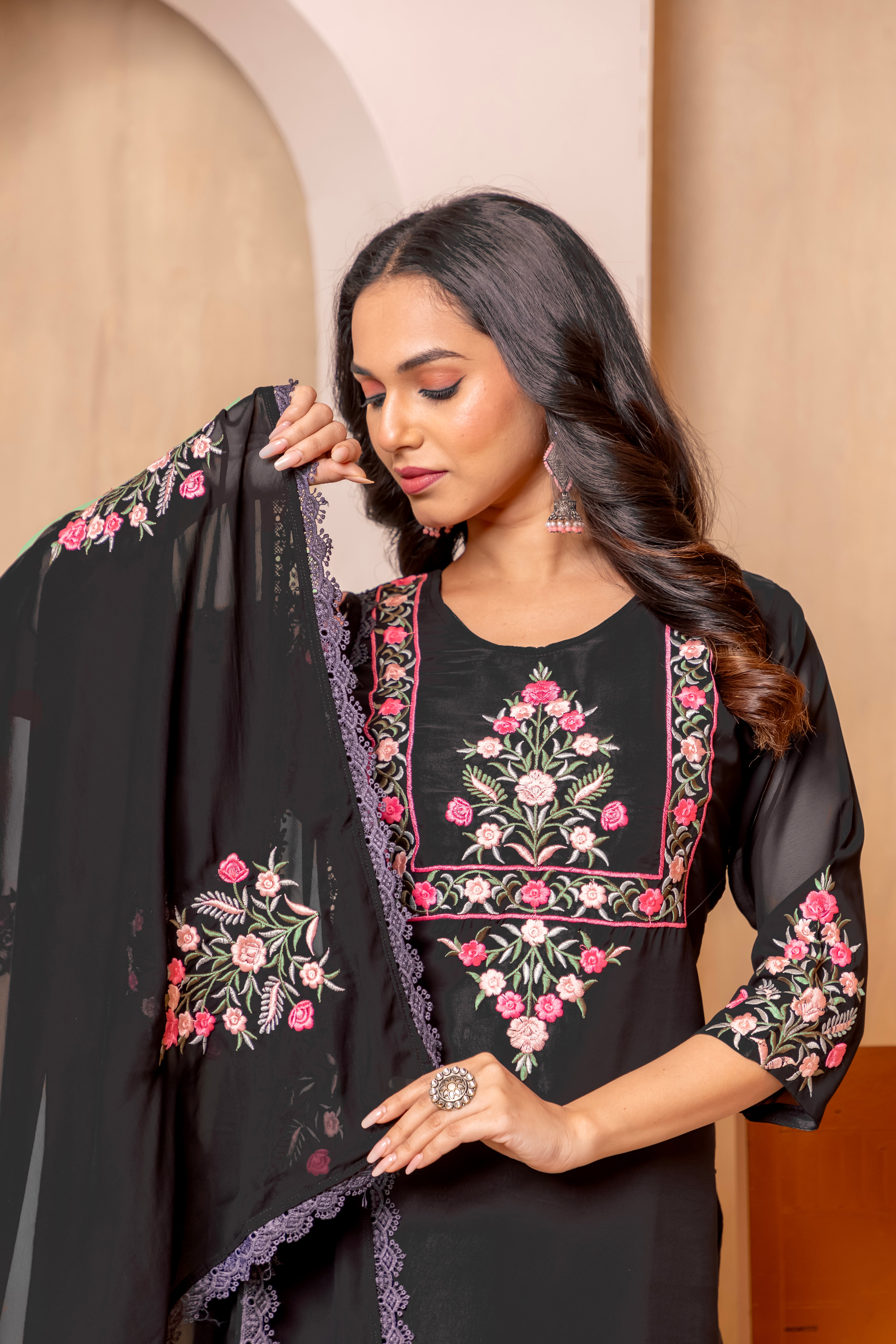 Elegant Faux Georgette Set with Bell Sleeves & Embroidered Dupatta