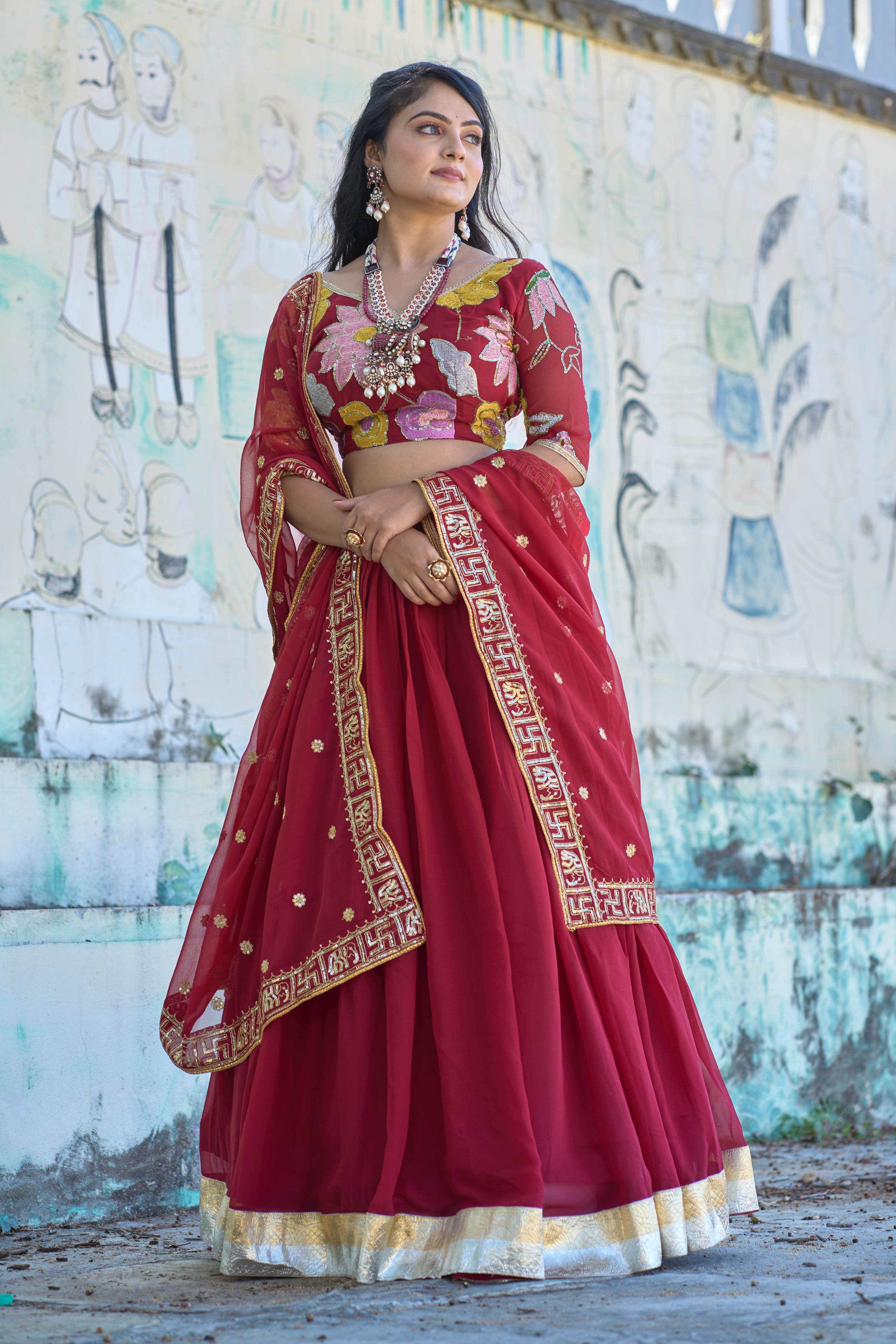 Classical Maroon Embroidery Lehenga