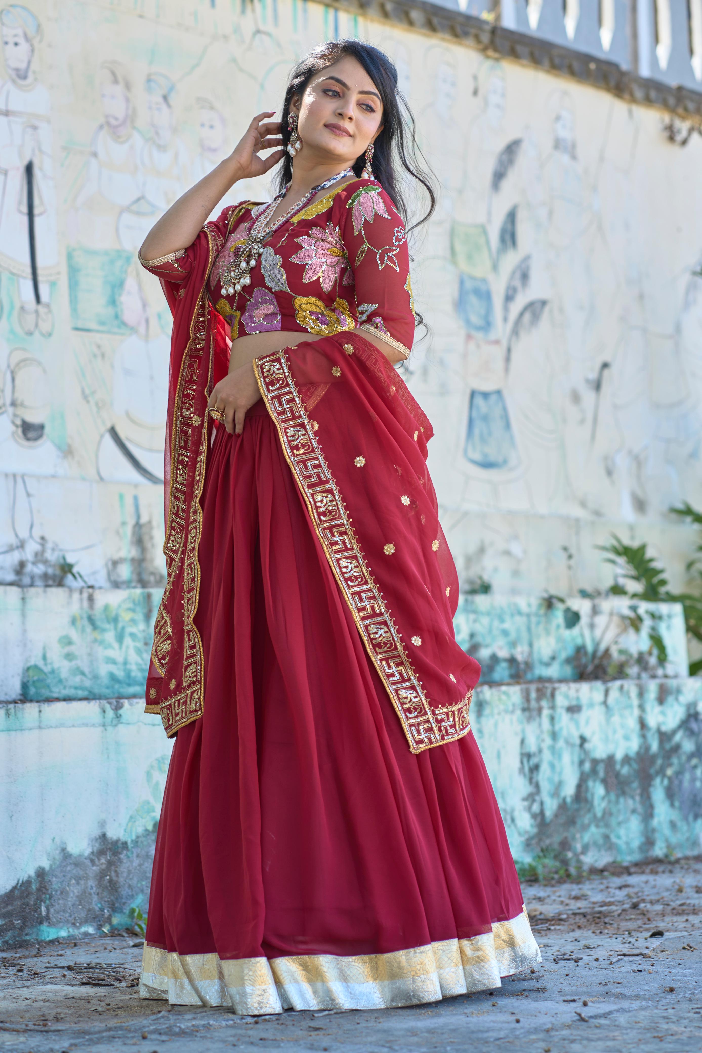 Classical Maroon Embroidery Lehenga