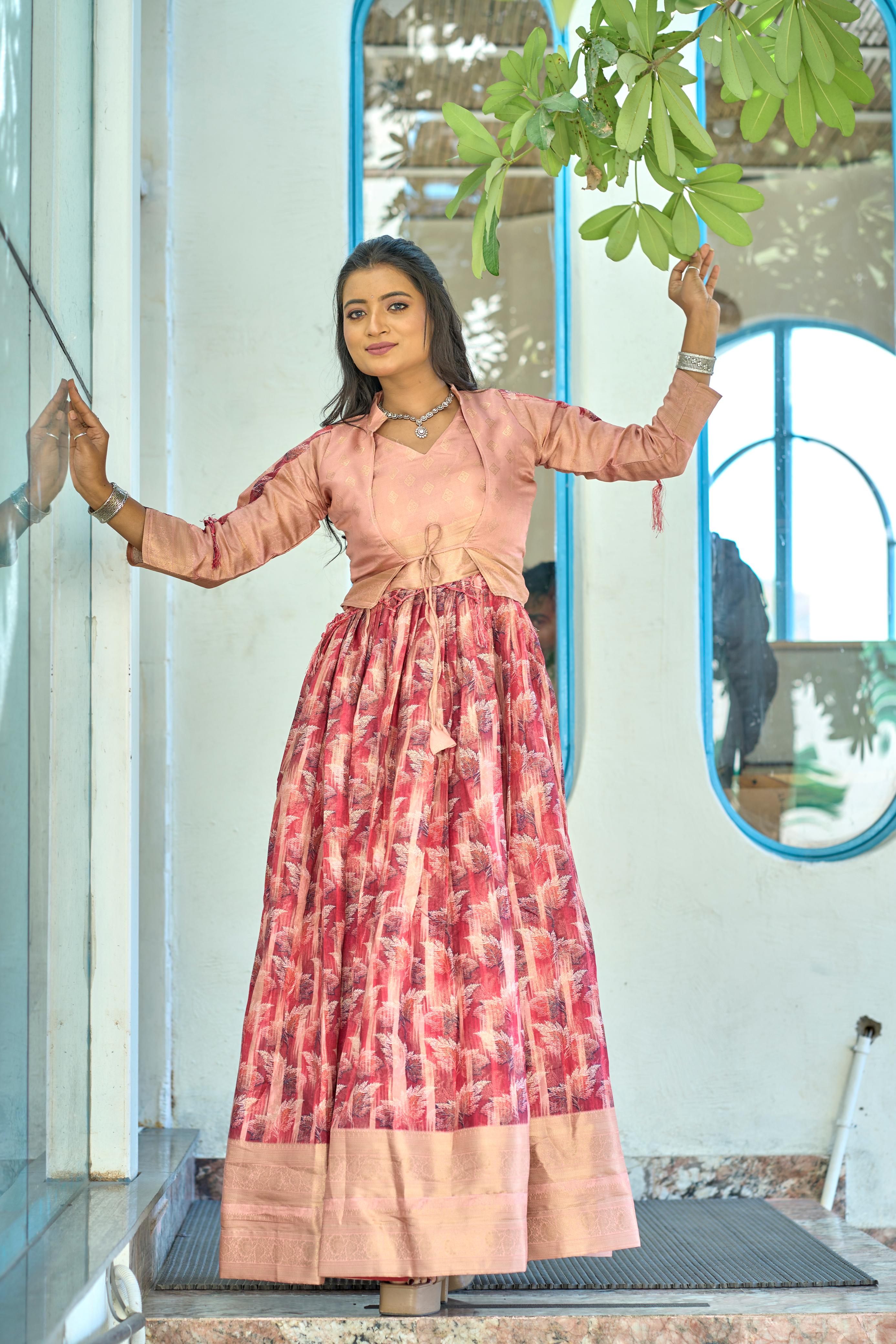 Pink Silk Weaving Border Koti Gown