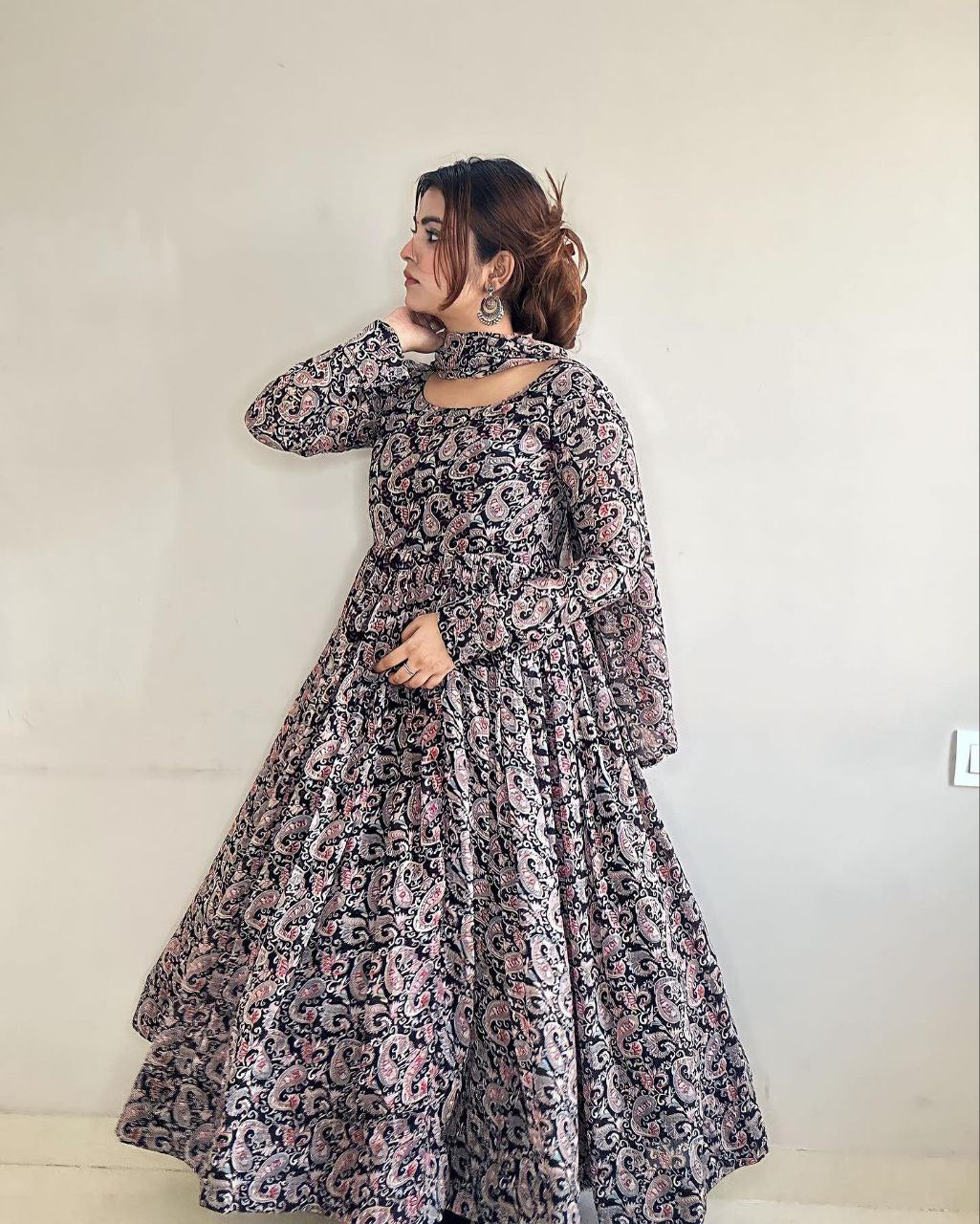 Blue Printed Paisley Georgette Stitched Anarkali Gown