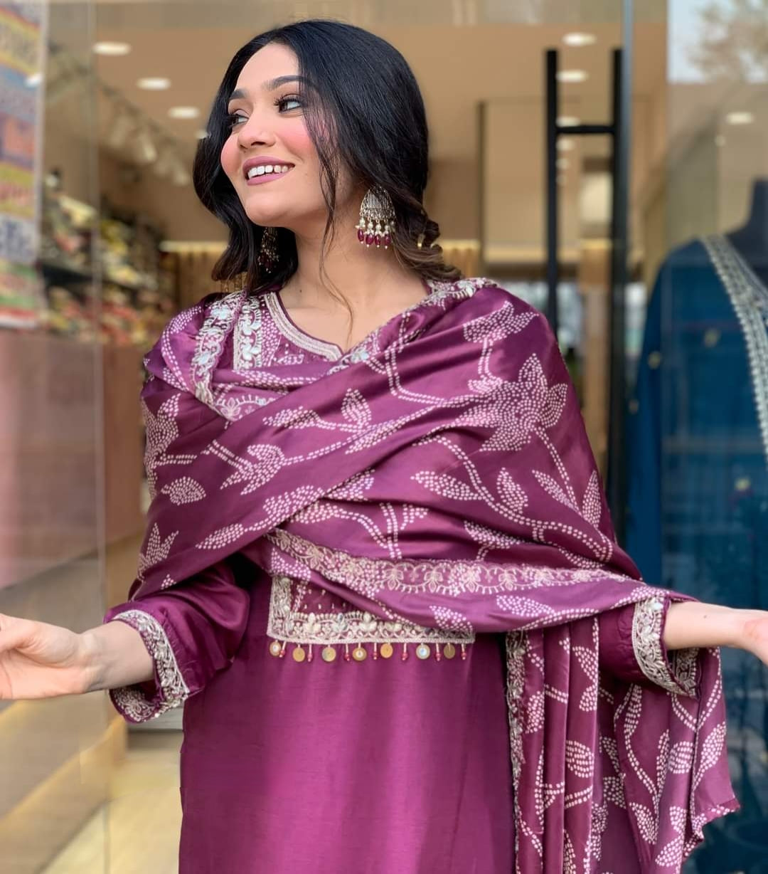 Floral Embroidered Thread Work Chanderi Silk Kurta with Trousers & Dupatta