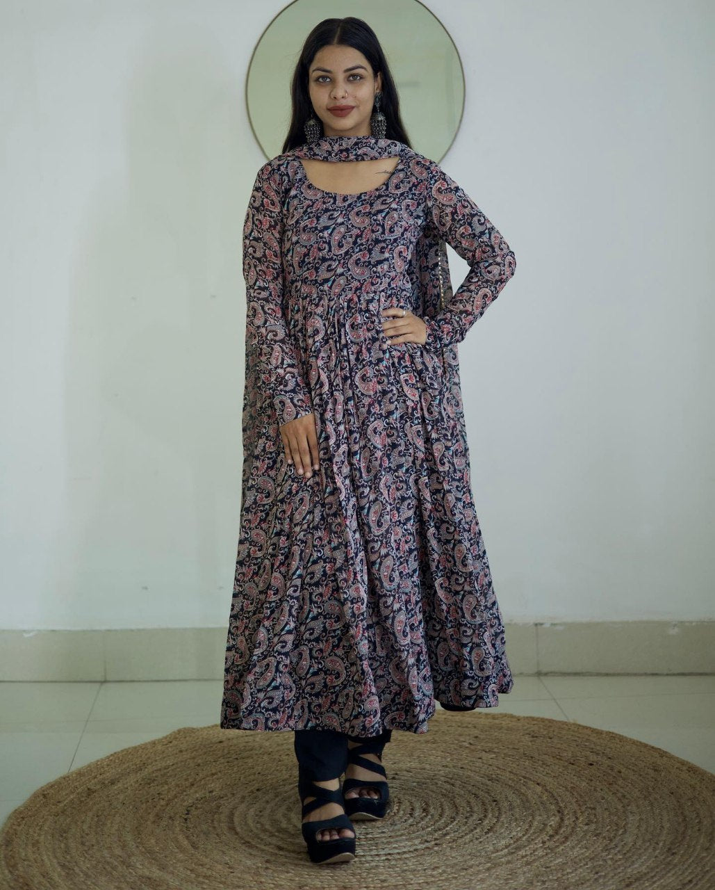 Blue Printed Paisley Georgette Stitched Anarkali Gown