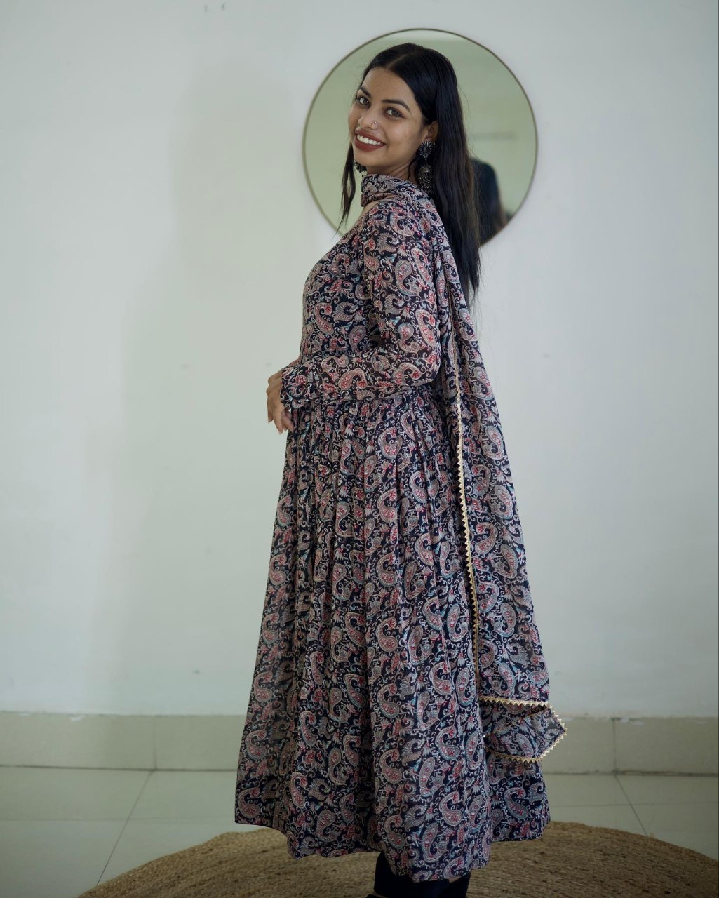 Blue Printed Paisley Georgette Stitched Anarkali Gown