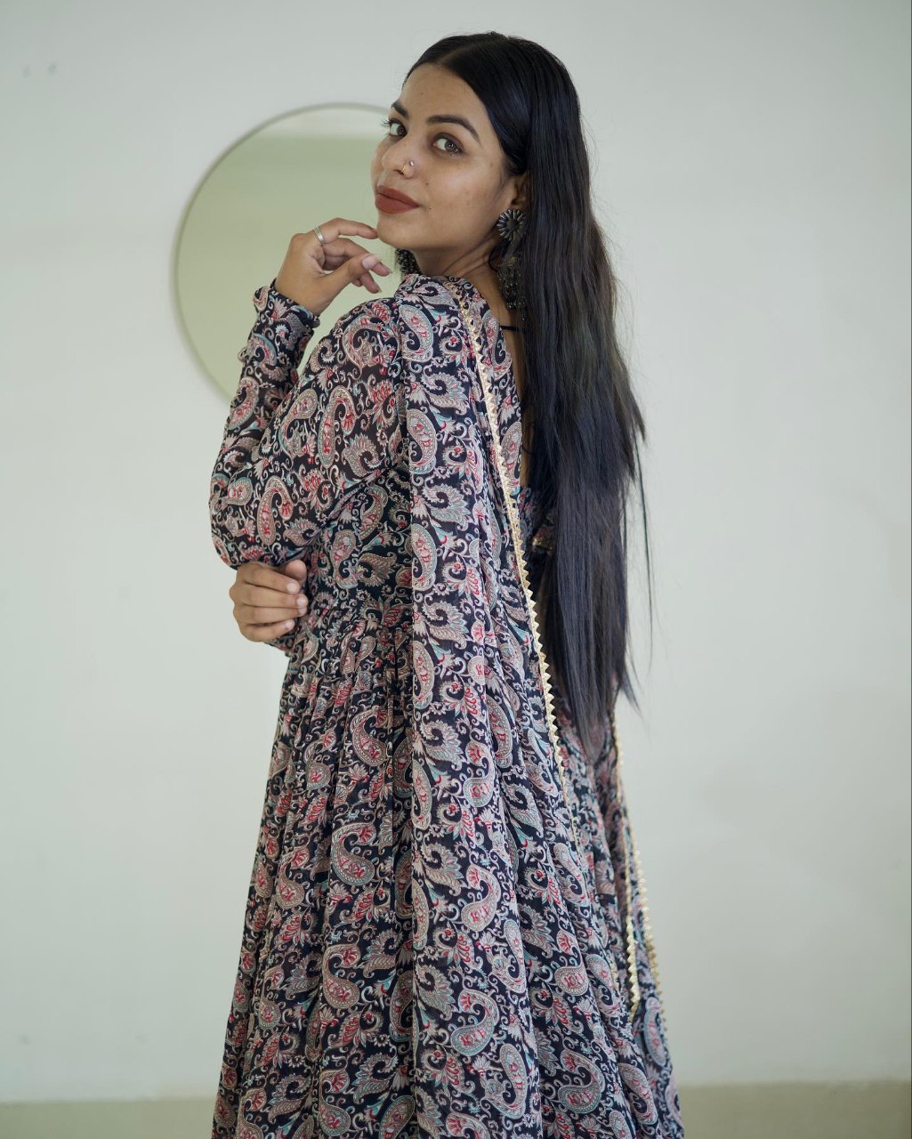 Blue Printed Paisley Georgette Stitched Anarkali Gown