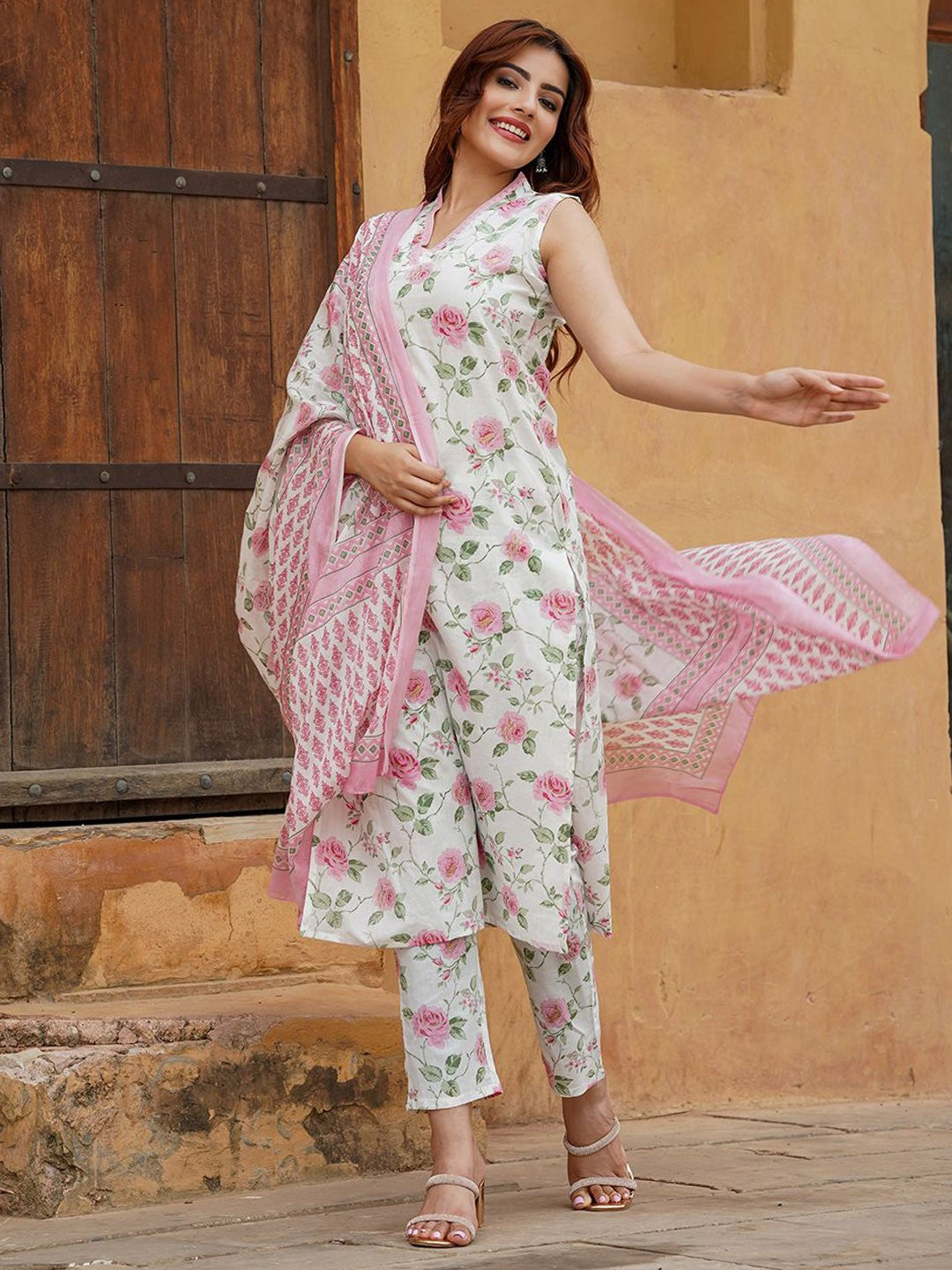 Floral Cotton Slub Kurti Set with Chanderi Cotton Dupatta