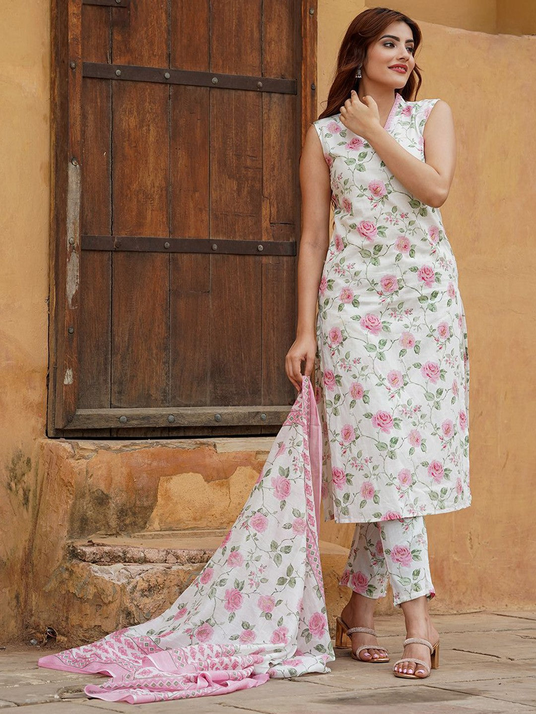 Floral Cotton Slub Kurti Set with Chanderi Cotton Dupatta