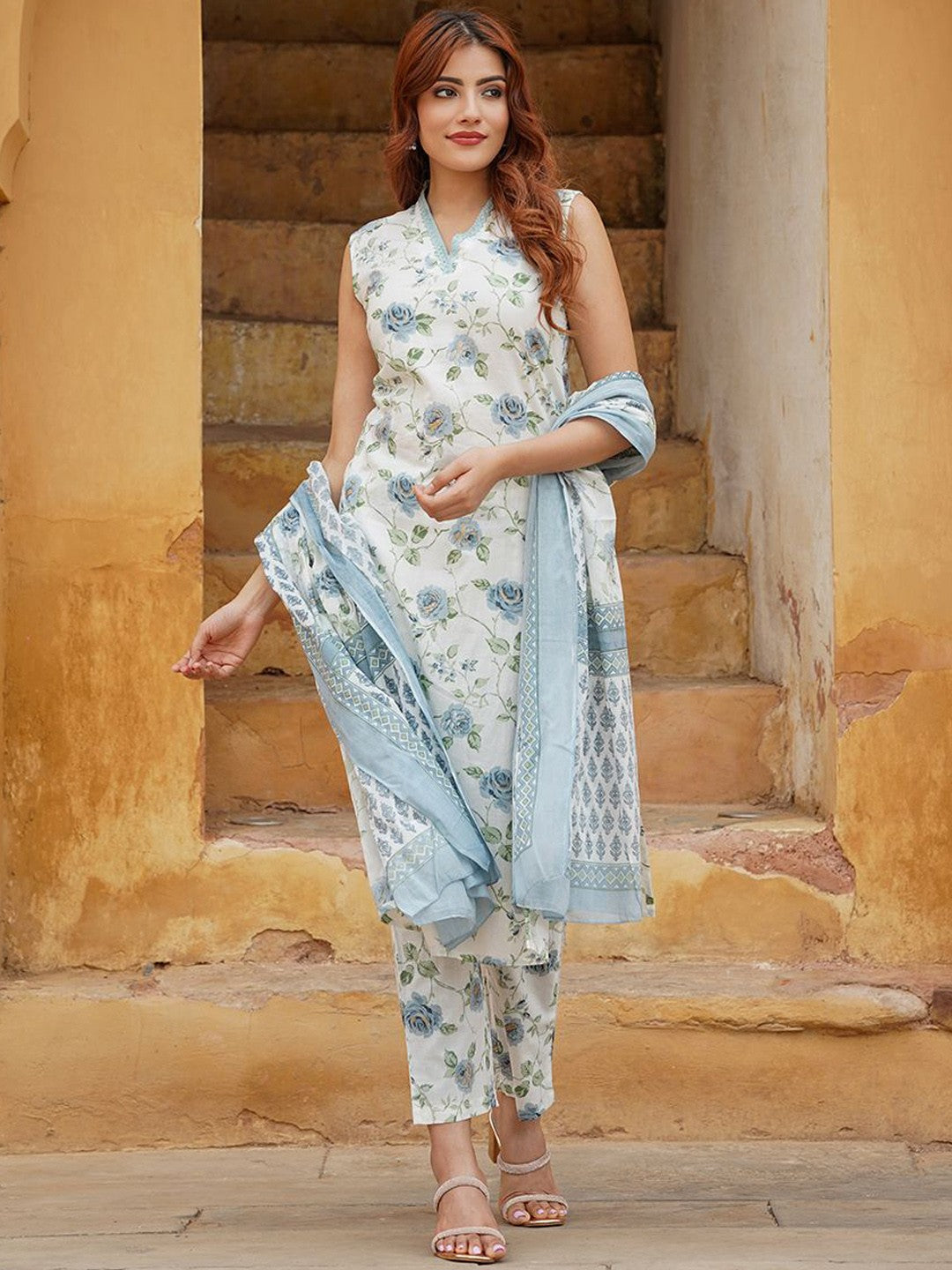 Floral Cotton Slub Kurti Set with Chanderi Cotton Dupatta