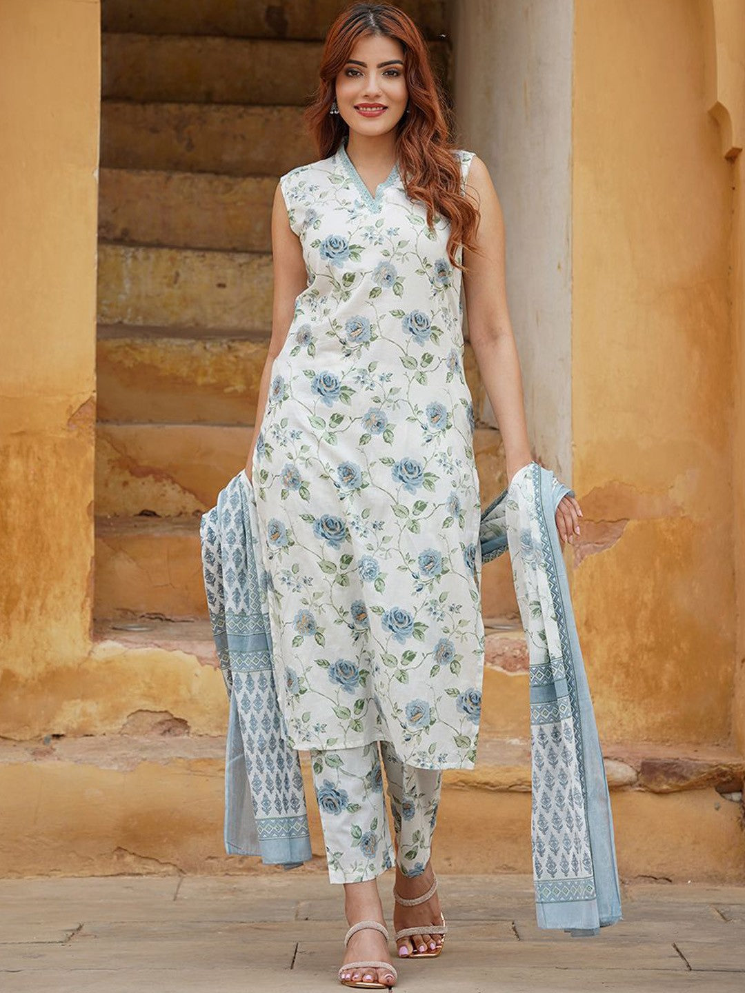 Floral Cotton Slub Kurti Set with Chanderi Cotton Dupatta