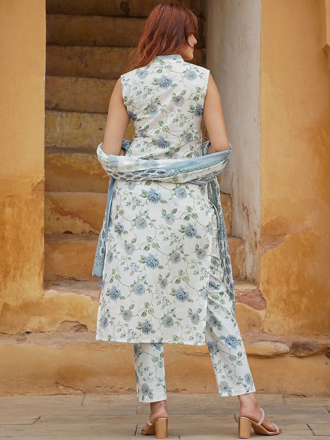 Floral Cotton Slub Kurti Set with Chanderi Cotton Dupatta