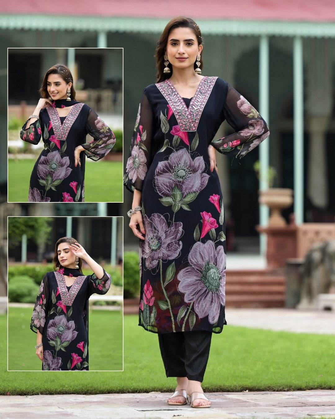 Graceful Georgette & Roman Silk Kurti Set with Printed Dupatta