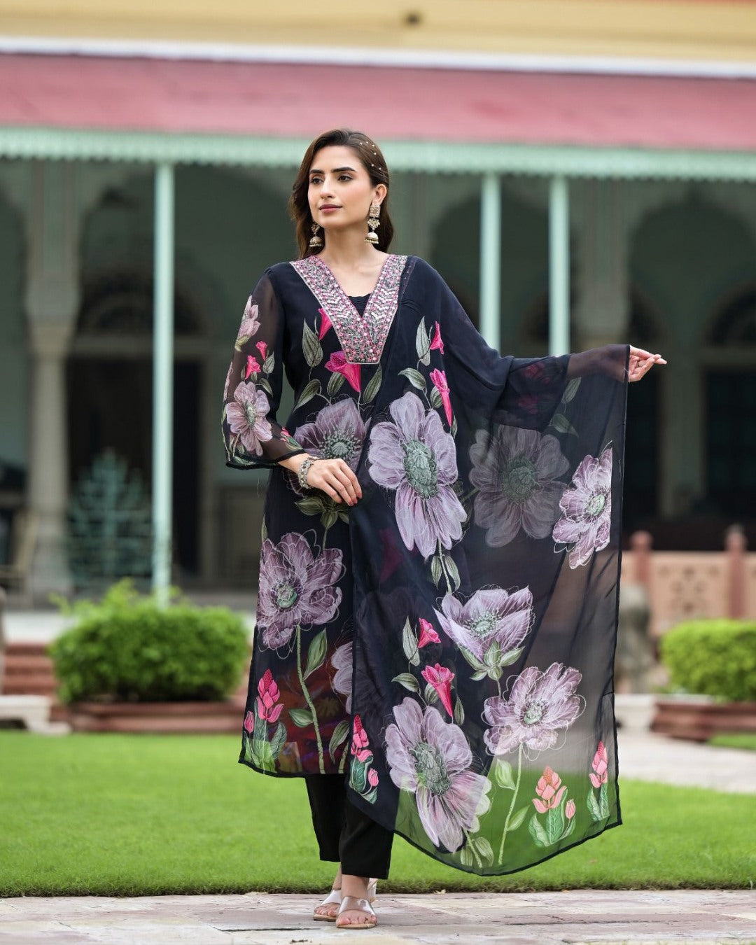 Graceful Georgette & Roman Silk Kurti Set with Printed Dupatta