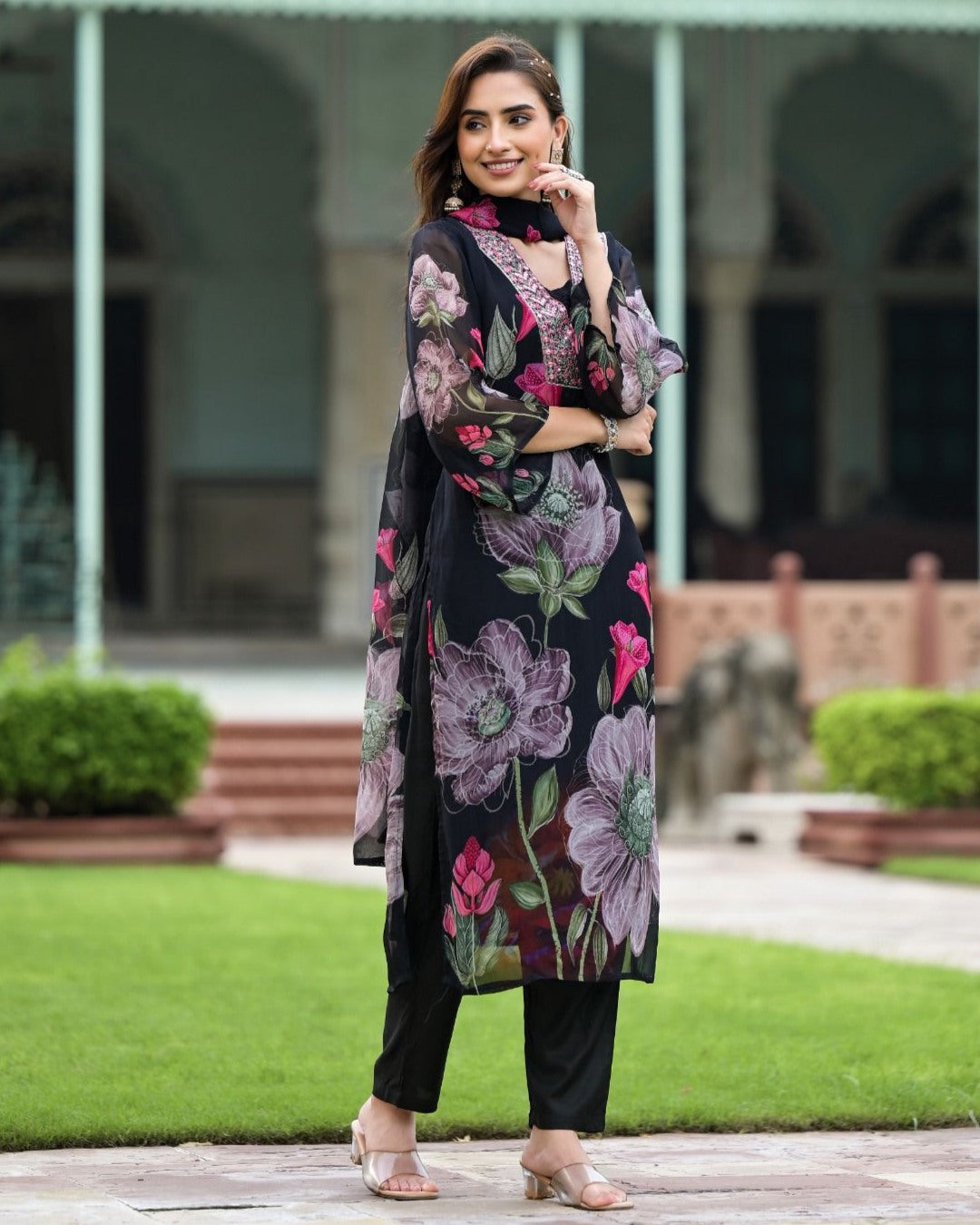 Graceful Georgette & Roman Silk Kurti Set with Printed Dupatta