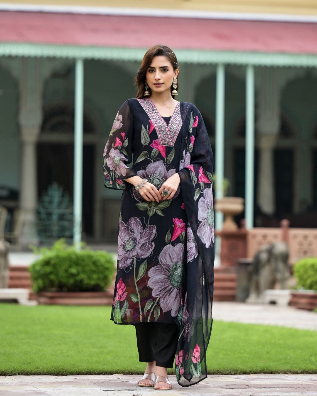 Graceful Georgette & Roman Silk Kurti Set with Printed Dupatta