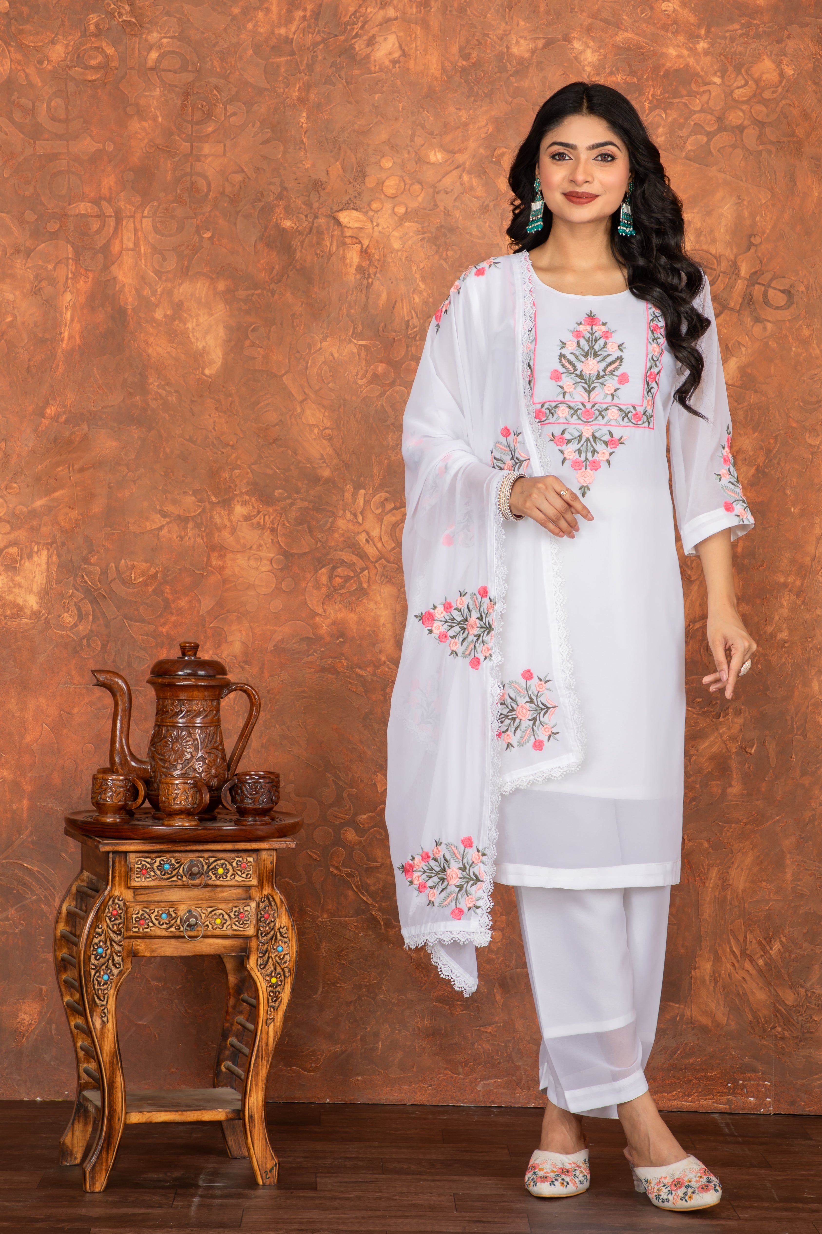 Elegant Faux Georgette Set with Bell Sleeves & Embroidered Dupatta