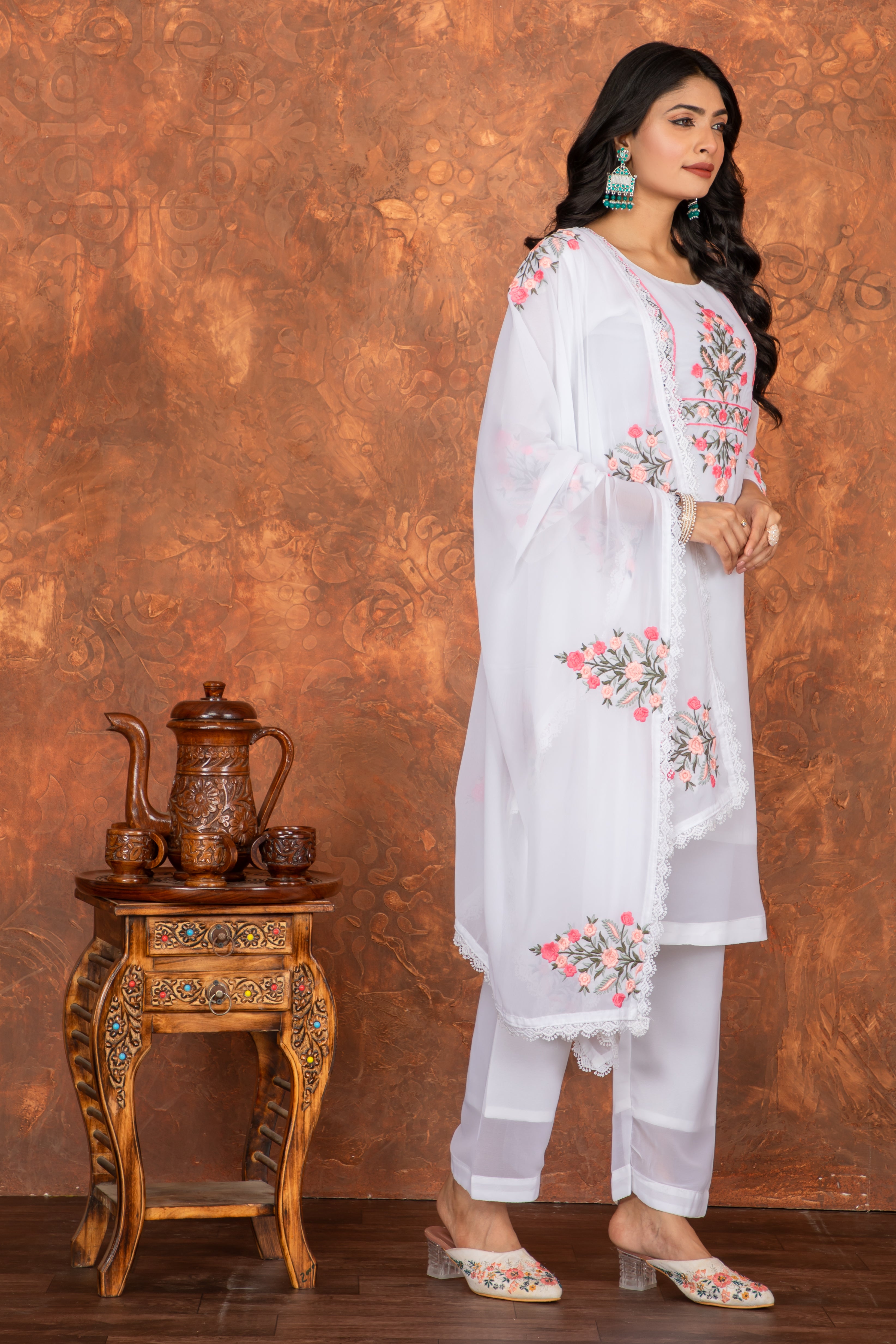Elegant Faux Georgette Set with Bell Sleeves & Embroidered Dupatta