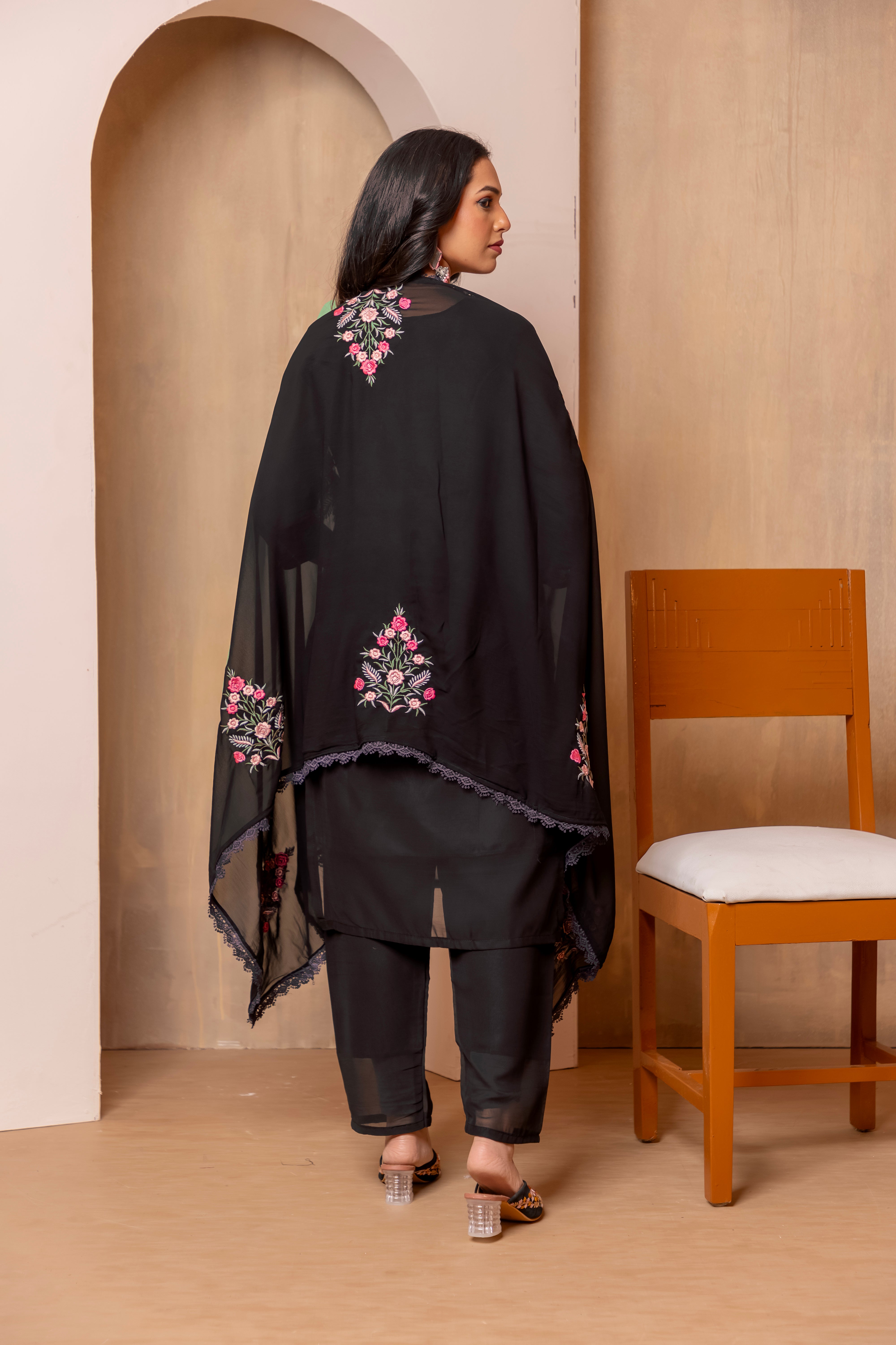 Elegant Faux Georgette Set with Bell Sleeves & Embroidered Dupatta