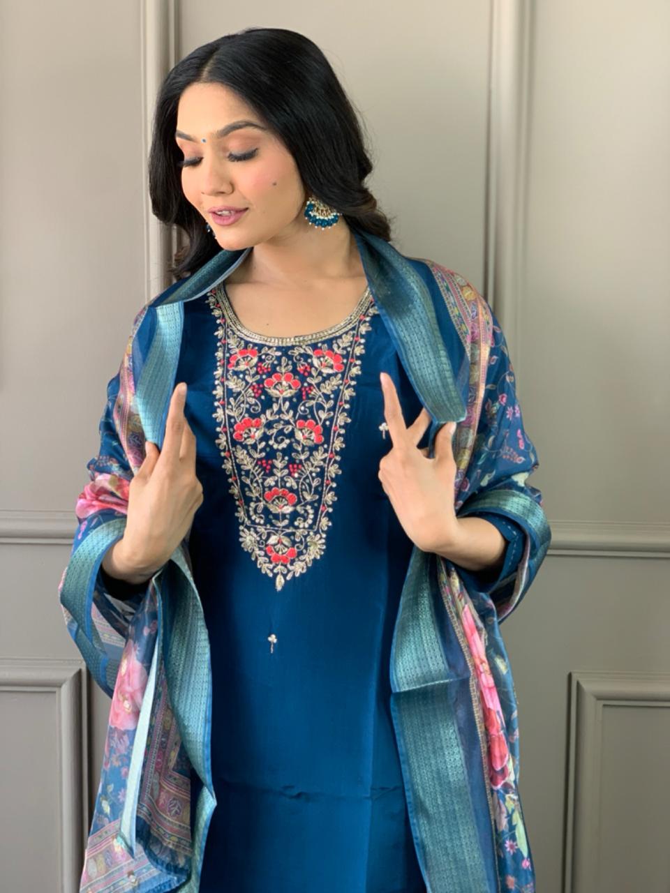 Women Embroidered Chanderi  SILK  kurta set