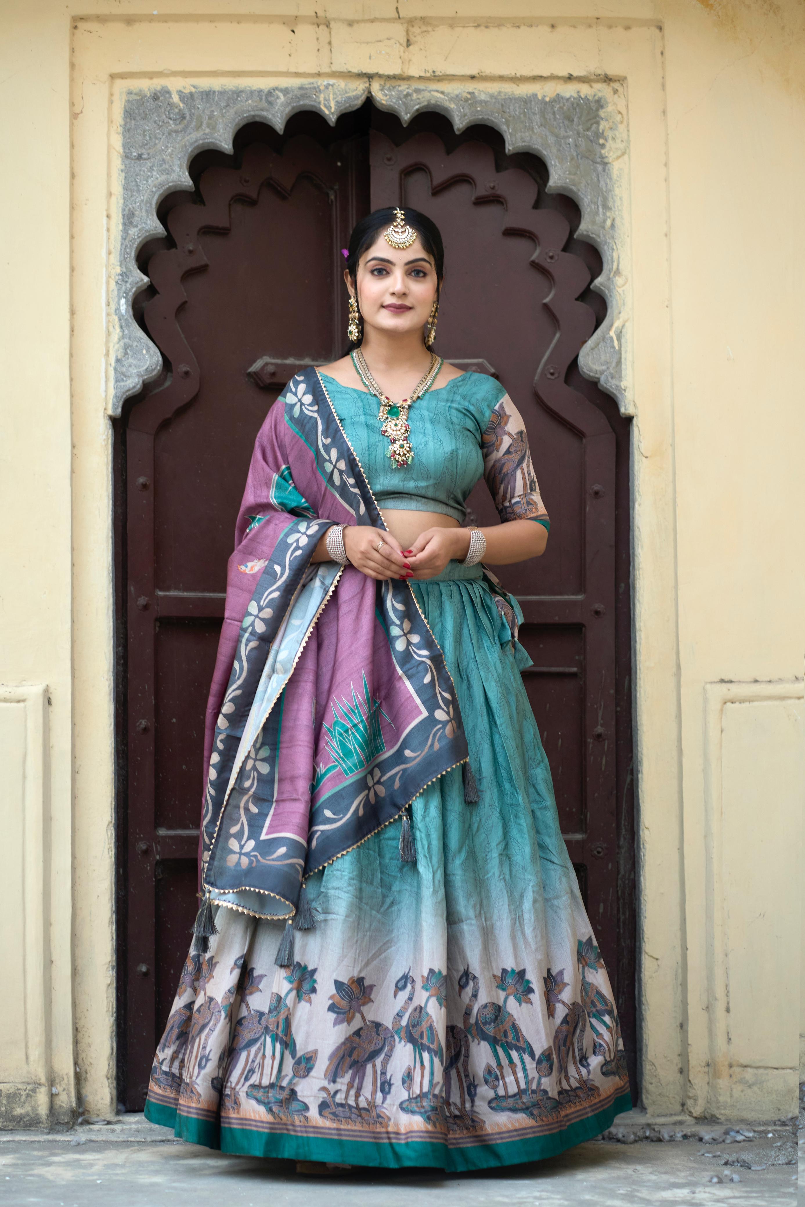Luxurious Rama Designer Kalamkari Lehenga