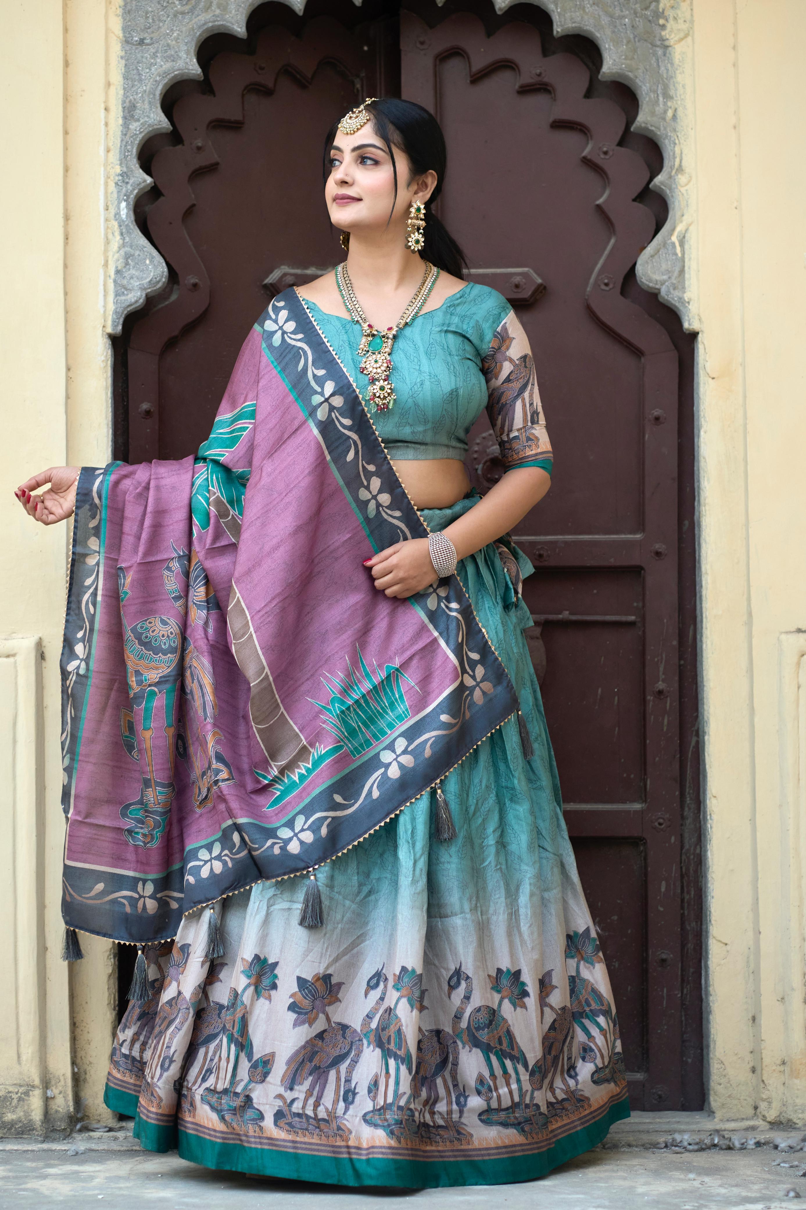 Luxurious Rama Designer Kalamkari Lehenga