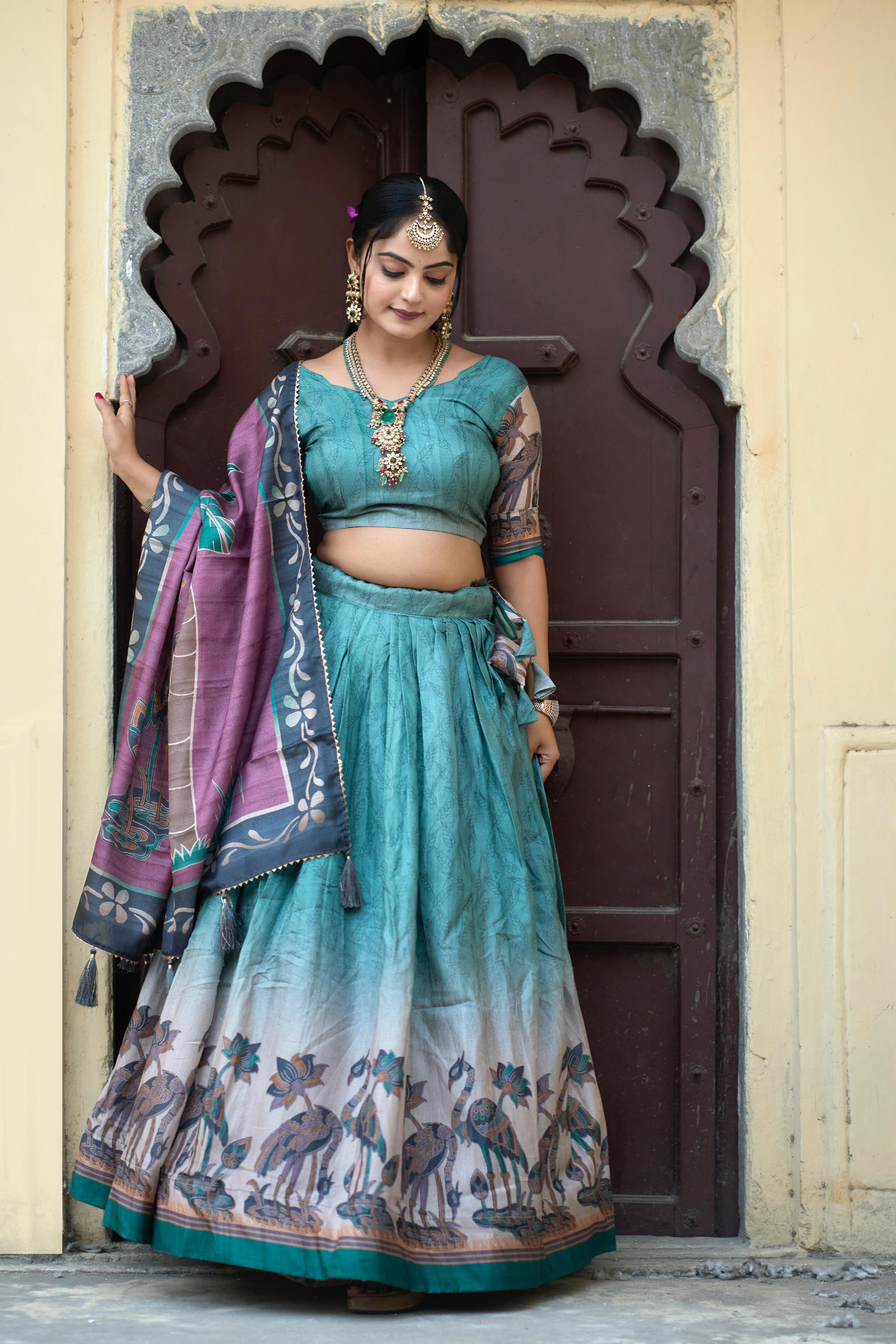 Luxurious Rama Designer Kalamkari Lehenga