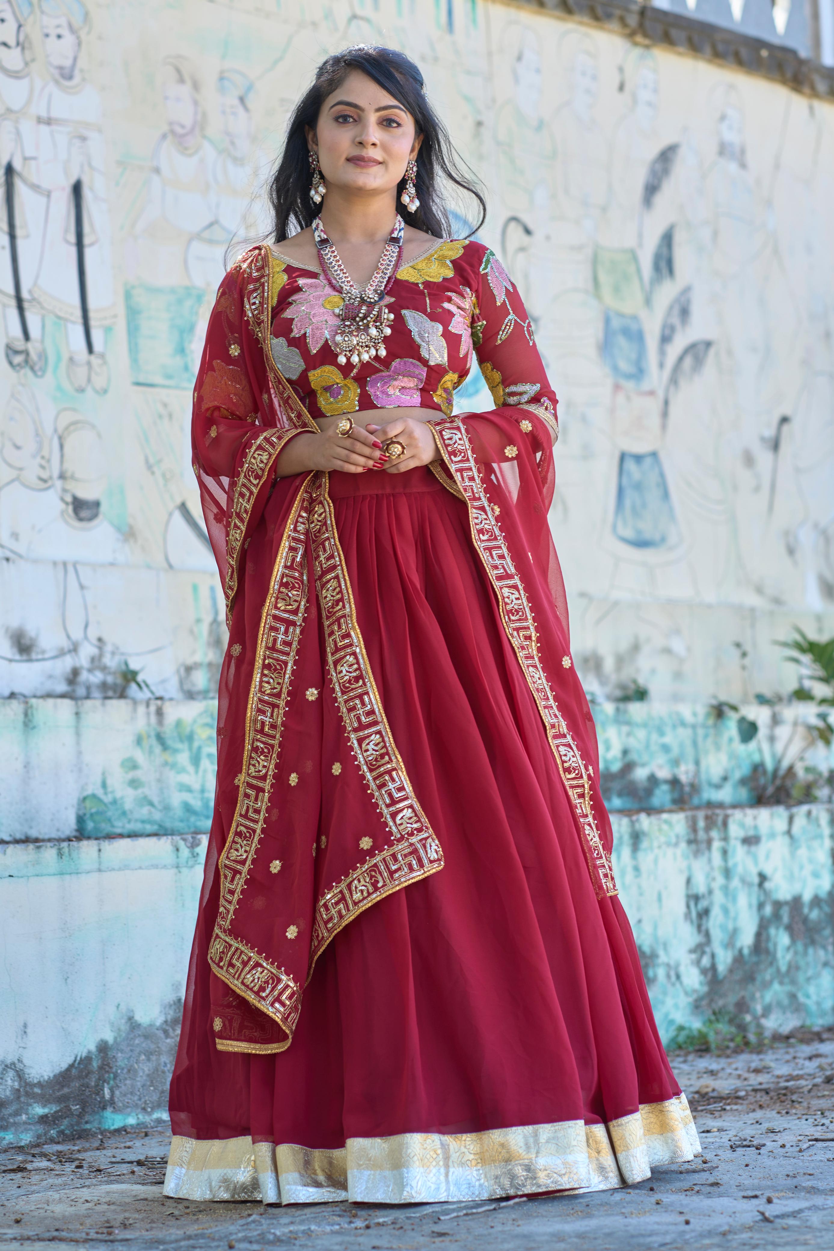 Classical Maroon Embroidery Lehenga
