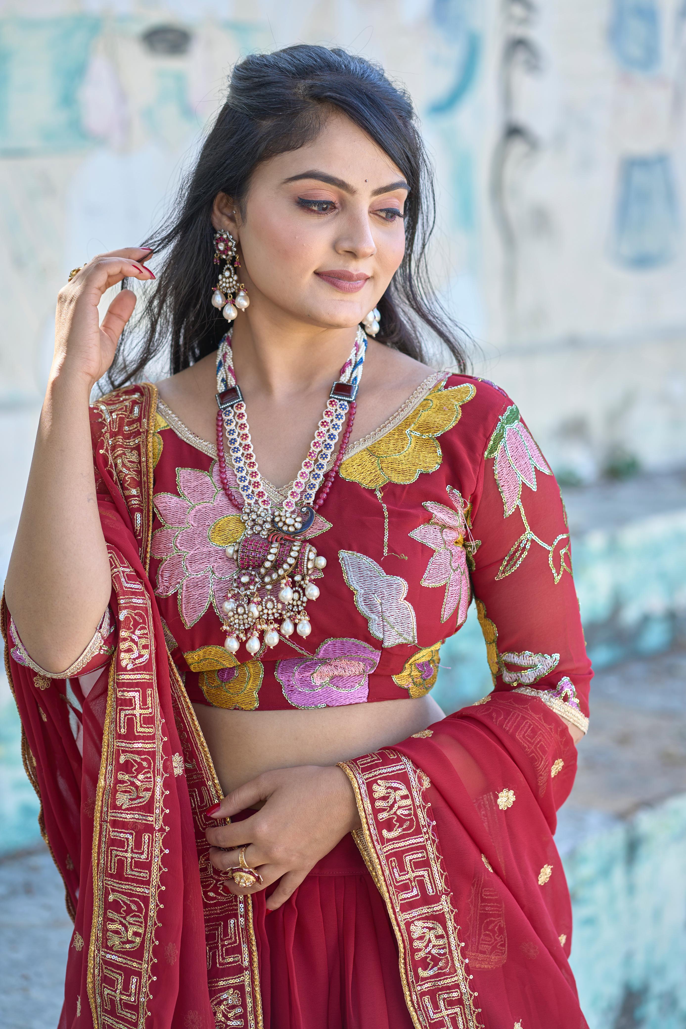 Classical Maroon Embroidery Lehenga