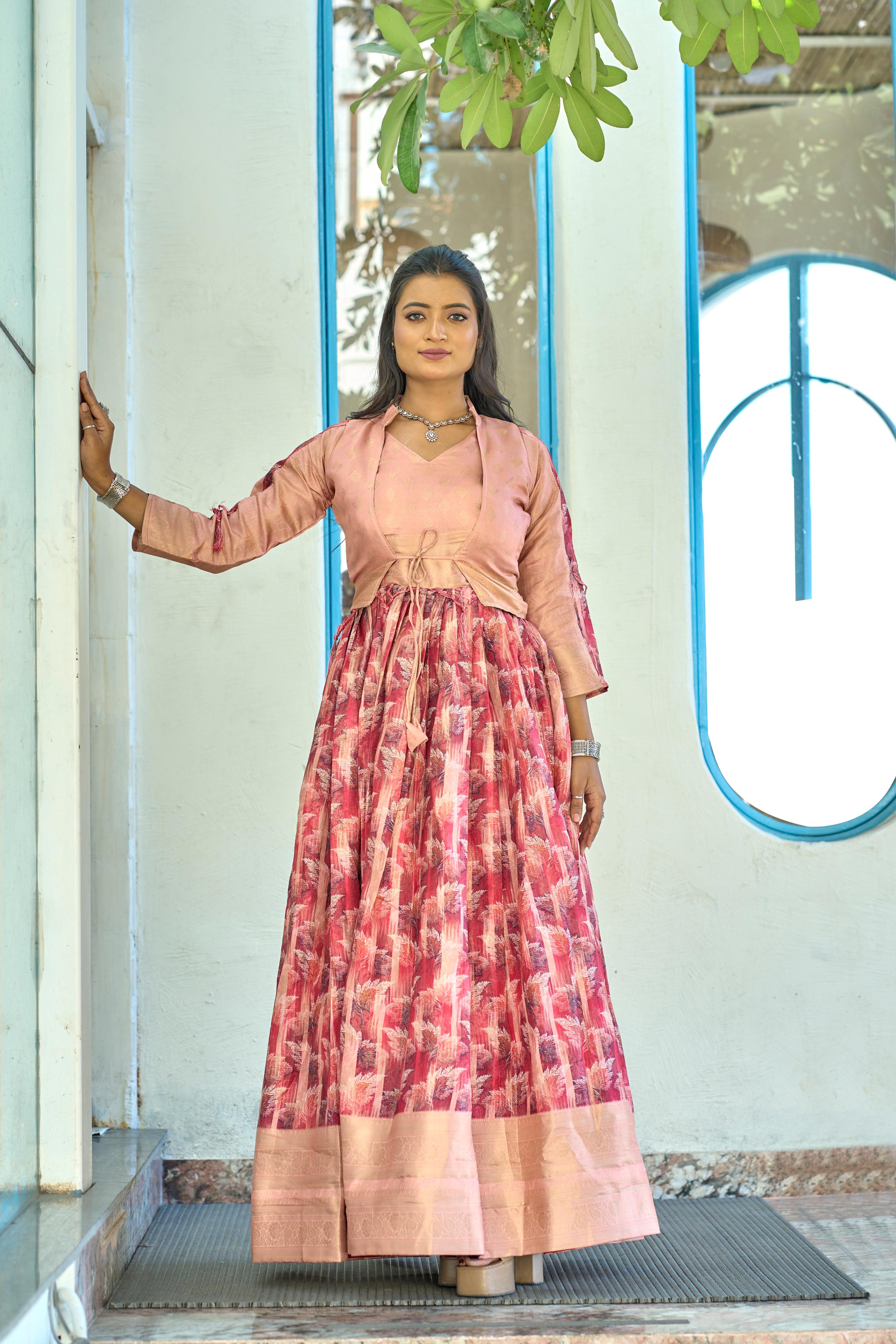 Pink Silk Weaving Border Koti Gown