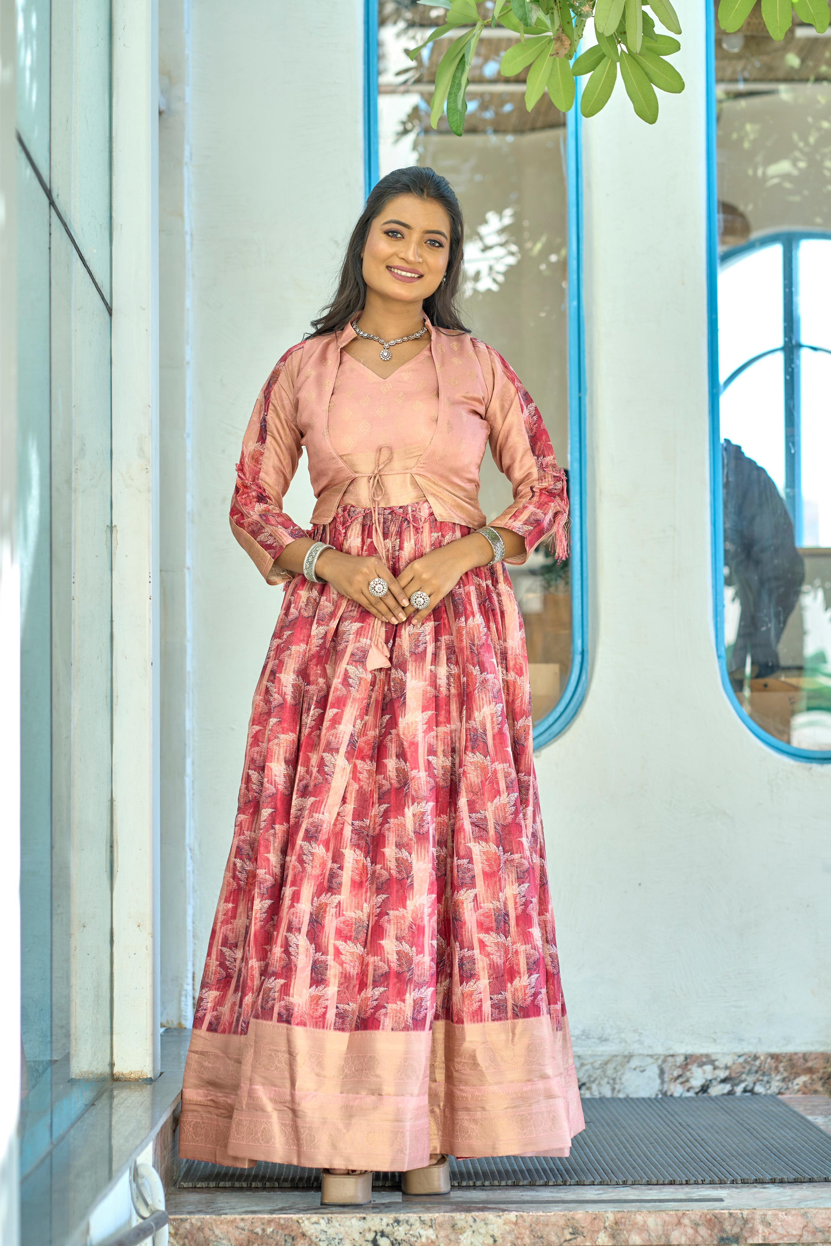 Pink Silk Weaving Border Koti Gown