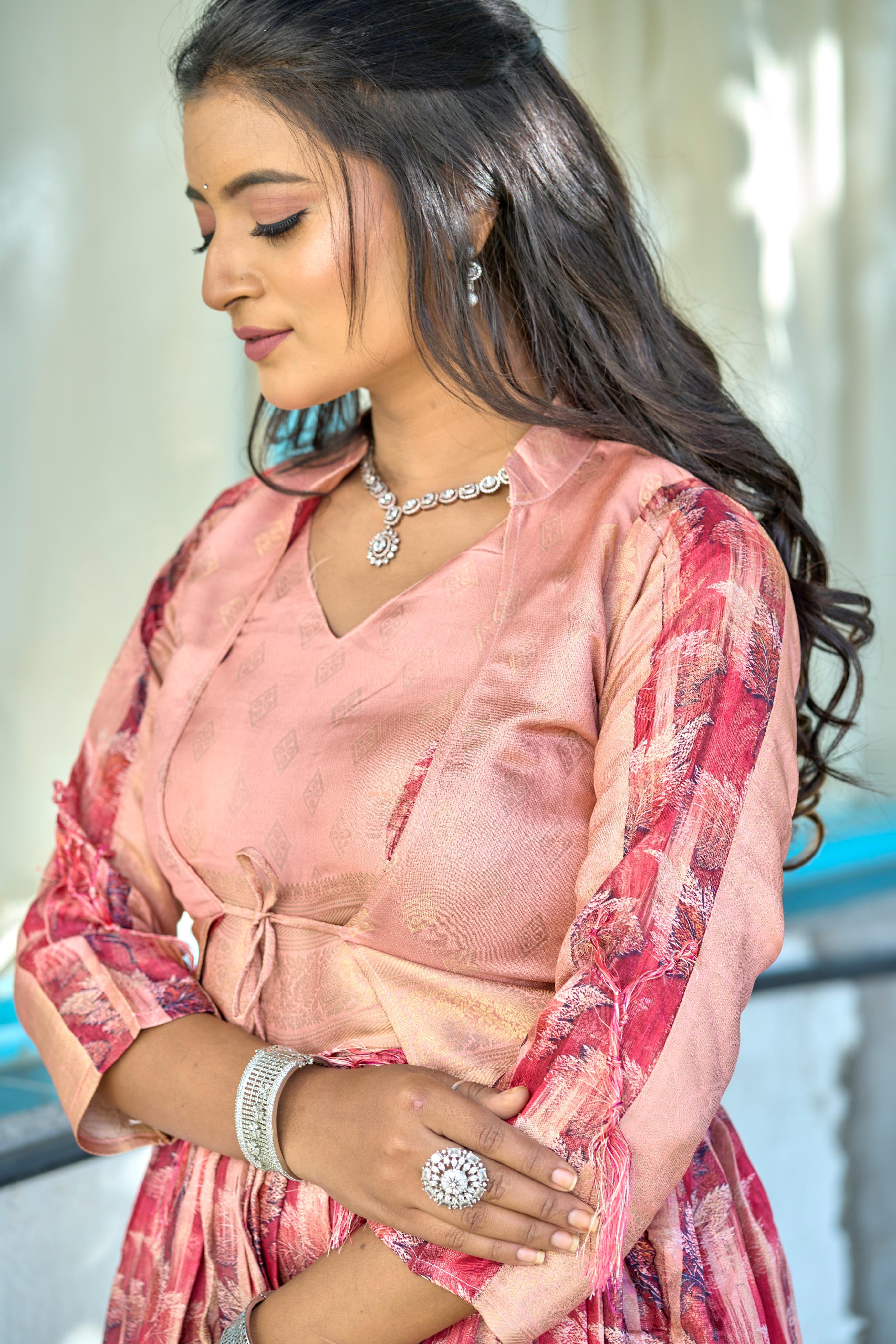 Pink Silk Weaving Border Koti Gown