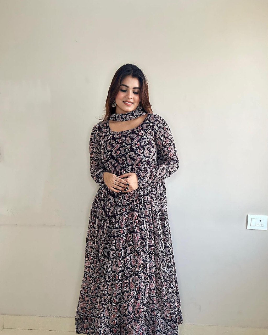 Blue Printed Paisley Georgette Stitched Anarkali Gown