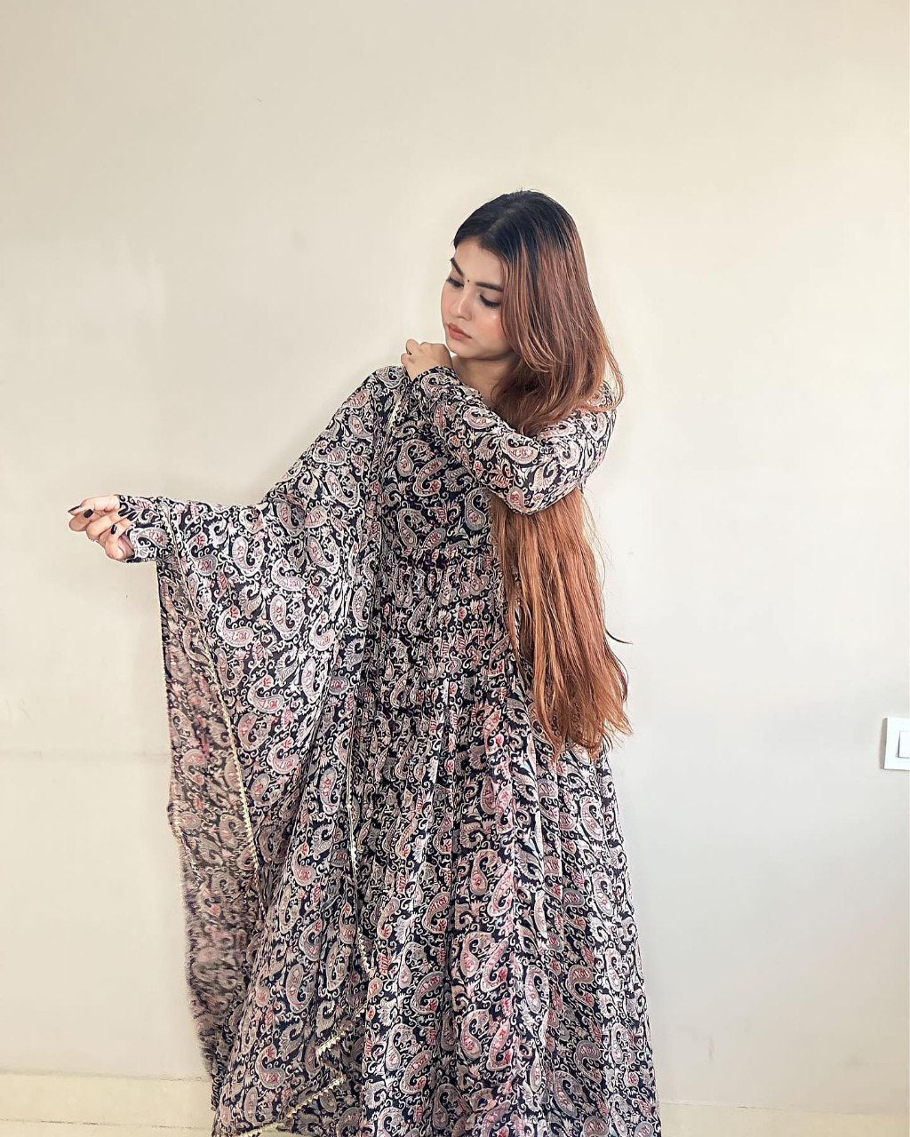 Blue Printed Paisley Georgette Stitched Anarkali Gown