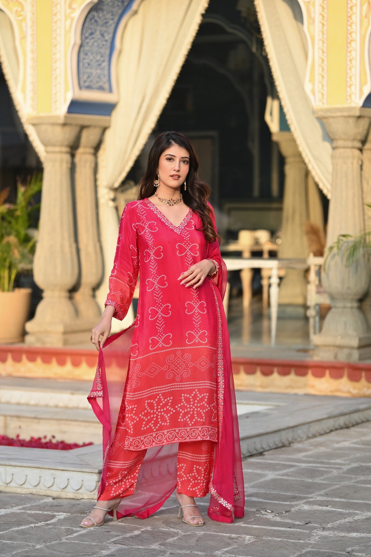 Elegant Soft Chinnon Silk Kurti Set with Embroidered Lace Dupatta