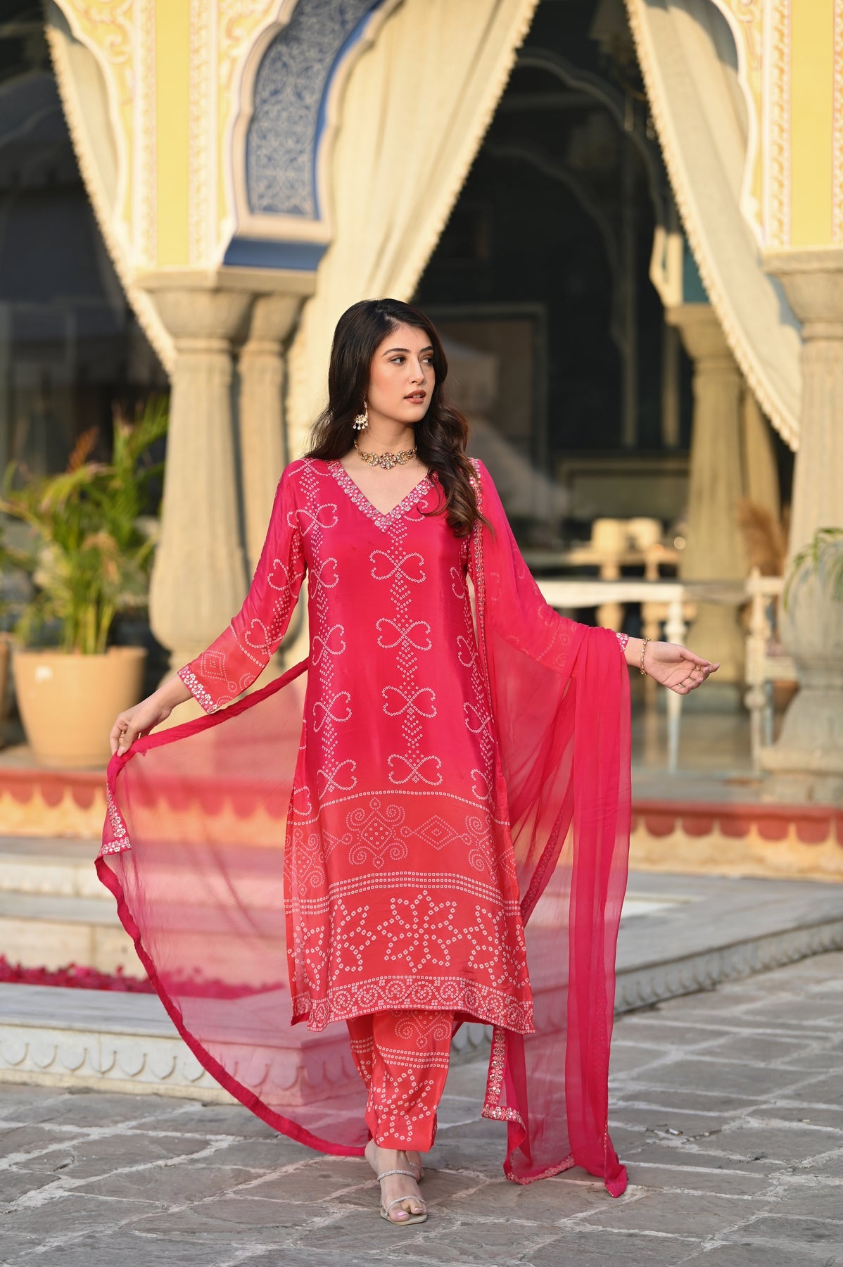 Elegant Soft Chinnon Silk Kurti Set with Embroidered Lace Dupatta