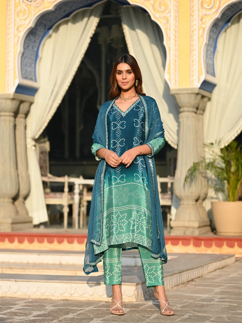 Elegant Soft Chinnon Silk Kurti Set with Embroidered Lace Dupatta